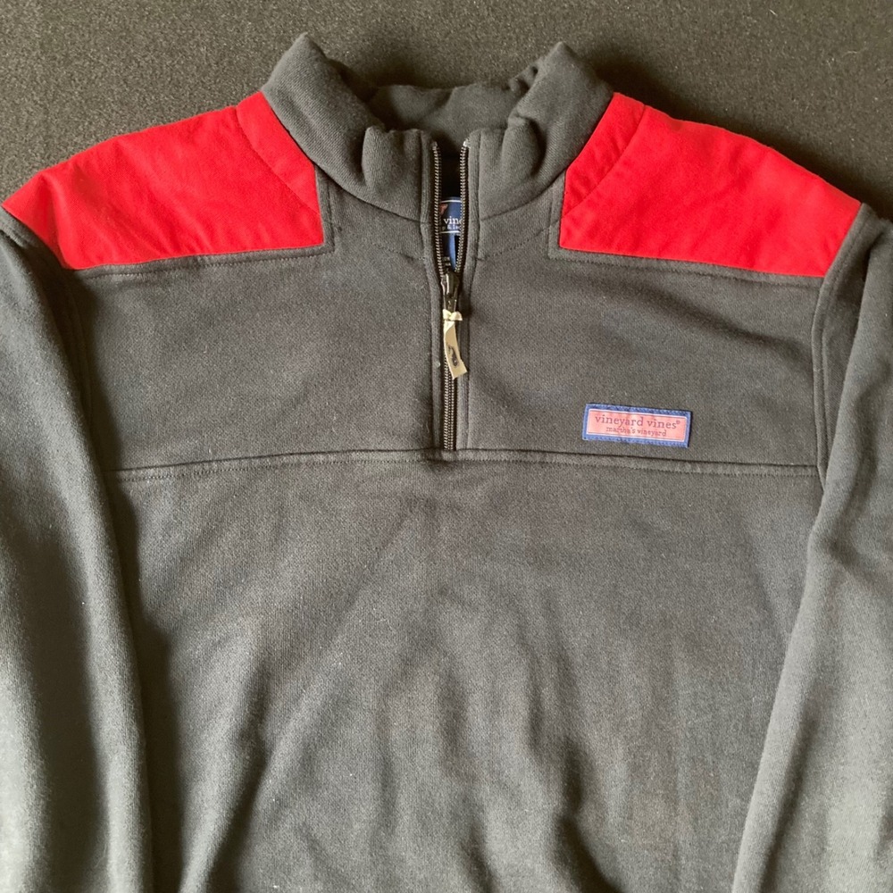 Vineyard Vines Mens Medium Black Red Colorblock 1/4 Zip Cotton Pullover
